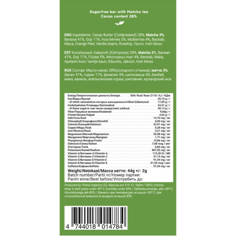 Sugar free raw chocolate with matcha 44g